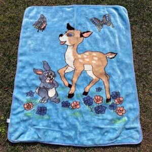 Vintage Deer Bunny Butterfly Flowers Plush Minky Blanket Blue 42x54 GUC